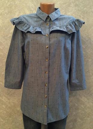 Блузка-рубашка котоновая  джинсовая  в мелкий горох с рюшей размер 12-14 tu