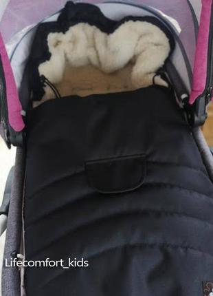 Комплект чехол черный зимний+рукавички в коляску санки на выписку конверт на овчине...