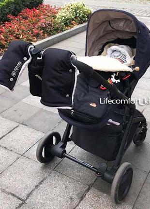 Комплект чехол черный зимний+рукавички в коляску санки на выписку конверт на овчине...