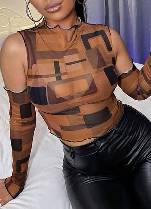 Топ топик кофта кофточка водолазка принт кроп короткий коротка укороченный коричневый коричневая сетка сетчатый сетчатая прозрачный прозрачная