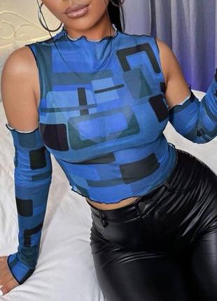 Топ топик кофта кофточка водолазка кроп принт синий синяя сетка сетчатый сетчатая прозрачная прозрачный короткий короткая укороченый укороченая