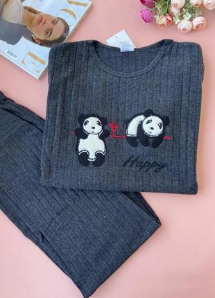 L/xl рифлена жіноча піжама з ведмедиками комплект для дому та сну, колір сірий