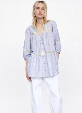 Zara-блуза туніка з мережкою бавовна/льон! р.-xs