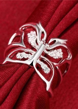 Модное посеребрённое кольцо 925 бабочка с цирконами, безразмерное, арт 800
