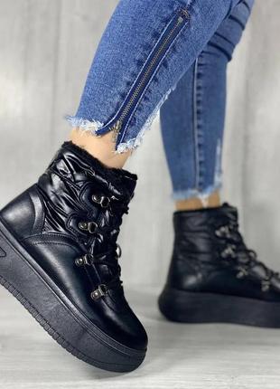 Женские зимние ботинки с мехом эко кожа зима высокие хайтопы плащевка