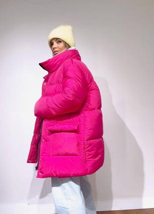 Куртка пальто пуховик длинная оверсайз дутик пуффер теплая зима осень кэмел коричневая шоколад малина розовый фуксия песочный молоко черная3 фото