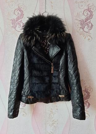Черная кожаная (pu) утипленная куртка косуха на синтепоне с натуральным мехом