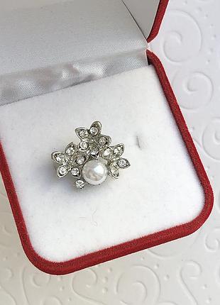 Брошка с жемчугом, цветочки, перлина, квіти, під срібло, букет