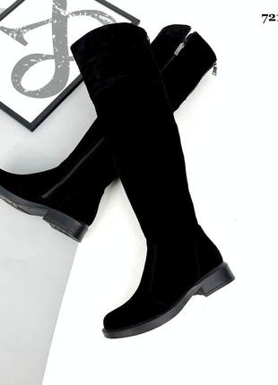 Замшеві ботфорти високі чоботи на низьких підборах з натуральної замші замшевые ботфорты высокие сапоги натуральная замша10 фото