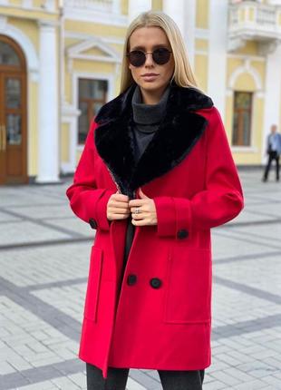 Шикарне жіноче двоборотне пальто з двома накладними кишенями хутряний комір кашемір різні кольори1 фото