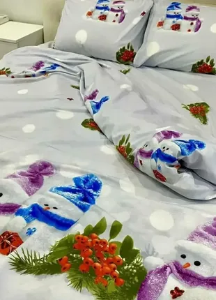Новогоднее постельное белье снеговик семейный комплект на 2 пододеяльника с компаньоном r8452 фото
