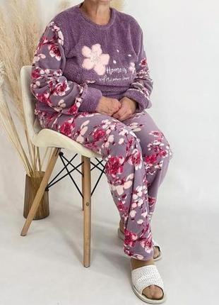 Зимова тепла фліс +махра батал піжама/великий домашній костюм кофта і штани 50-56