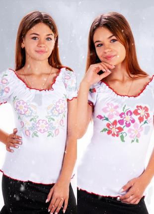 🔝🆕🆒 трикотажна сорочка вишиванка із бавовни вишивка хрестиком для дівчат 9-13 років 💷 поспішайте замовити1 фото