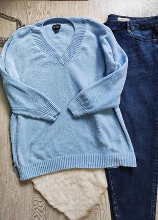 Голубой длинный свитер короткий плюшевый бархатный с вырезом большого размера батал