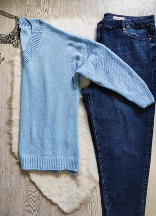 Голубой длинный свитер короткий плюшевый бархатный с вырезом большого размера батал7 фото