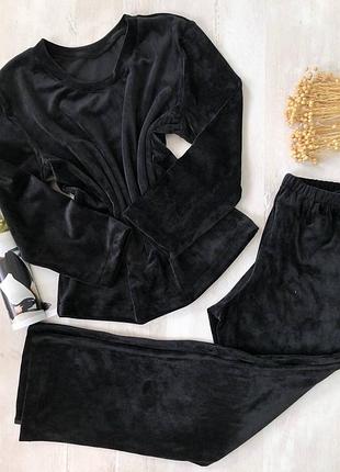 Теплая пижама кофта и брюки, на зиму, зимняя, комплект домашний двойка, для дома, для сна, с длинным рукавом, черная, велюровая, плюшевая