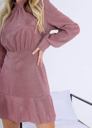 Сукня віскоза рожева пудра фрез з довгим рукавом міні плаття коротка під шию з вирізом на спинці