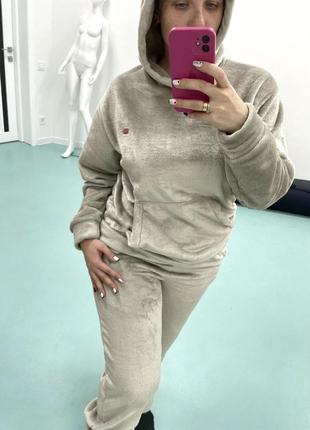 Женская пижама махра тёплая бежевая s, m, l, xl, 2xl, 3xl. жіноча піжама тепла бежева