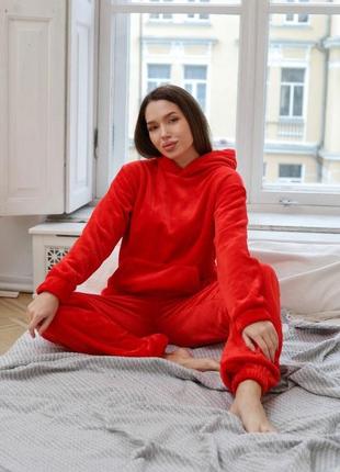 Пижама женская тёплая ткань махра красный цвет s, m, l, xl, 2xl, 3xl . жіноча піжама червона3 фото