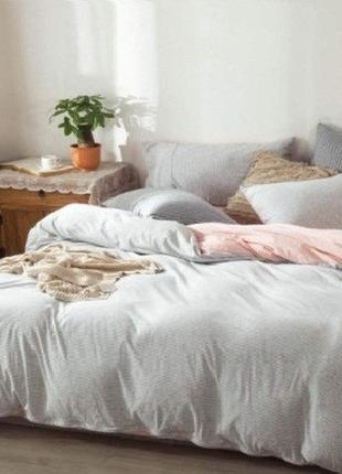 Комплект постельного белья теплый зимний евро размер фланель двухсторонний персик с серым супер люкс
