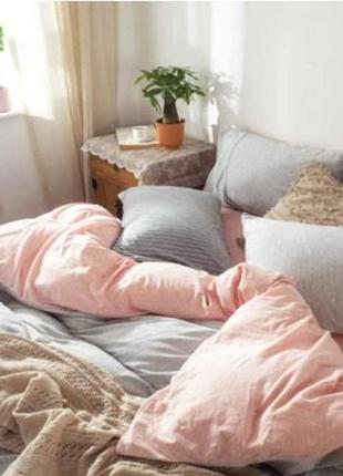 Комплект постельного белья теплый зимний евро размер фланель двухсторонний персик с серым супер люкс5 фото