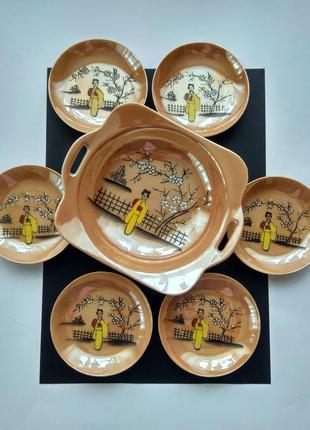 Фарфоровий комплект : тарілки і цукерниця- піала "гейша" японія, кістяний фарфор4 фото