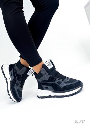 Жіночі зимові чорні кросівки, чорні/сірі, екозамша6 фото