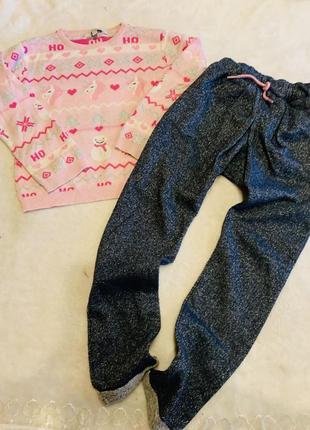 Новогодний свитер с единородками и серебристые брючки5-7лет