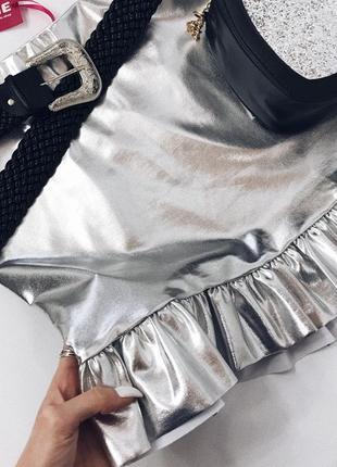 Кожаная мини -юбка метал серебро xs, s, m, юбка купить украина2 фото