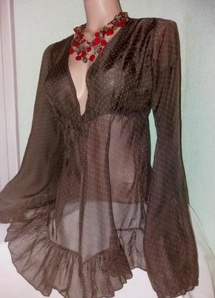 100% шовк!невагома блуза,пляжна туніка в горошок, кольору мокко,44-48разм.,італія.