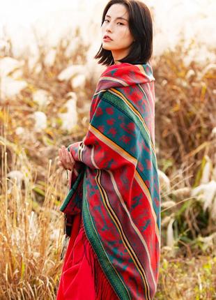 Женский шарф платок зимний кашемир красно-зеленый большой 140*140 см4 фото