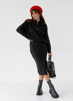 Жіночик костюм трикотаж з спідницею міді розріз чорний беж