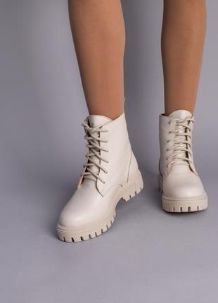 Ботинки женские кожаные бежевого цвета, на шнурках, зимние5 фото