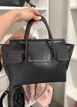 Черная женская сумка саквояж с ручками молодежная деловая модная сумочка из эко кожи5 фото
