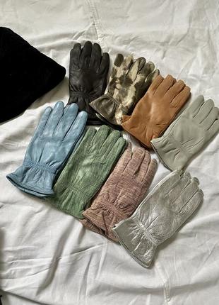 Шикарные кожаные перчатки голубые зеленые розовые серые серебристые рыжие