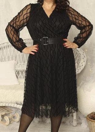 Красивое нарядное женское платье из сетки с пышной юбкой миди большого размера 50-561 фото