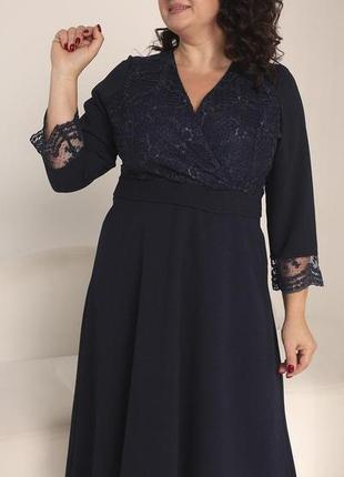 Элегантное женское темно-синее платье для солидной женщины осень-зима 52-584 фото