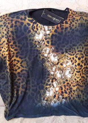 Свитер -блуза темно-серая ,,цветы на леопардовом принте свободный крой3 фото
