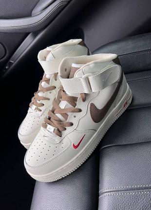 Женские высокие кожаные кроссовки с мехом nike air force high beige brown fur#найк1 фото