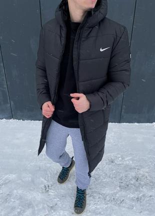 Куртка зимняя длинная найк черная с капюшоном nike7 фото