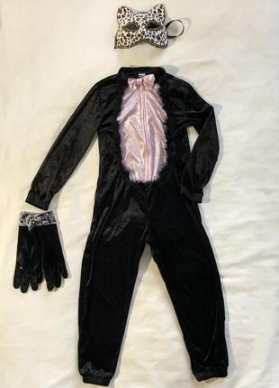 Шикарный костюм карнавальный девочка-кошка с маской и перчатками р. 6-8 лет