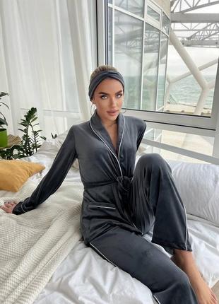 Піжамний домашній теплий комплект : кофта, штани та пов'язка