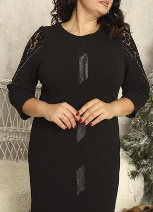 Вечернее черное женское платье приталенное, с рукавом три четверти больших размеров 52-583 фото