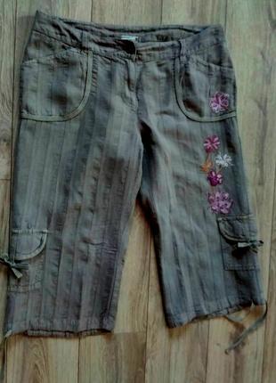 Бриджи летние, лен 100%, хаки, с вышивкой