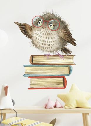 Наліпка декоративна вінілова на стіну на шпалеру на меблях дитяча "сова на книгах" 29*23 см4 фото