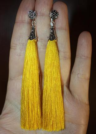 Серьги серёжки кисти кисточки жёлтые длинные бохо с розочкой