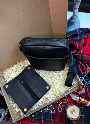 Сумка и кошелек (клатч) мужской кожаный черный подарочный набор2 фото