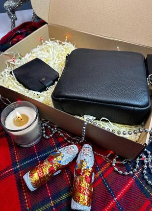Сумка и кошелек мужской кожаный черный подарочный набор2 фото