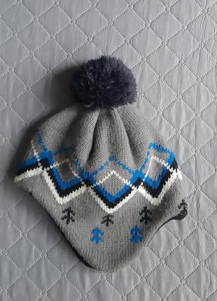 Детская шапка ушанка шлем вязаная зимняя флисовая лыжная горнолыжная