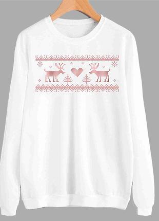 Світшот білий з новорічним принтом "новорічний орнамент. олені. ялинки. серце. сніжинки" push it